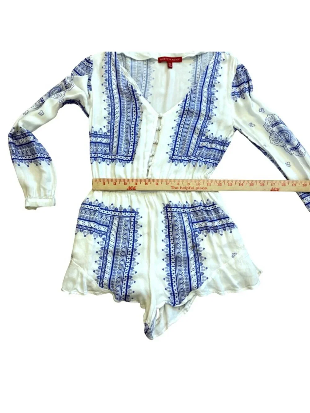 Saks Fifth Avenue Women's Button Front Romper XS White Blue Scarf Print Boho - Picture 8 of 8